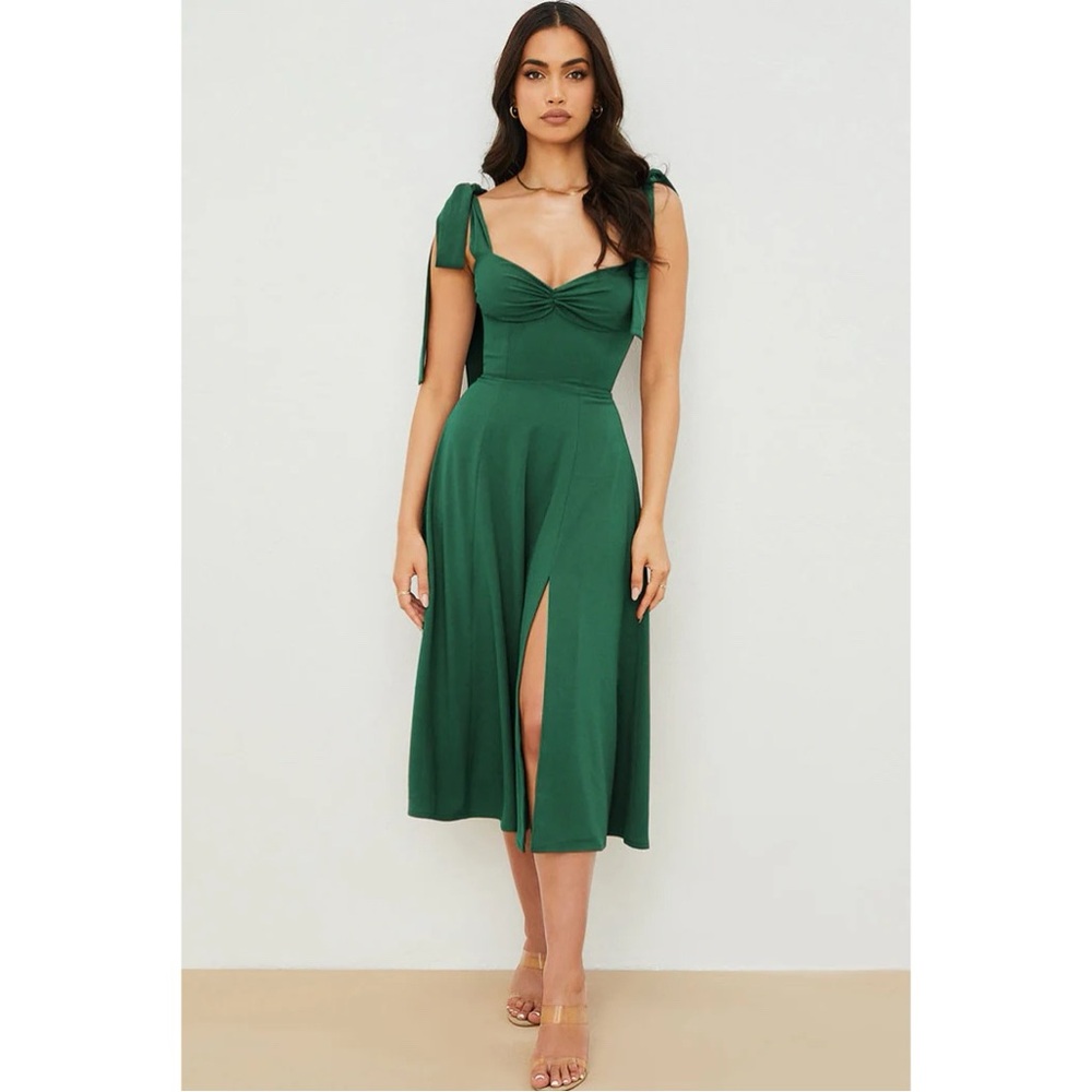 Emerald Green Midi Dress with Bow Straps